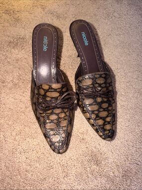 Nicole Brown Croc-Embossed Pointed Toe Slip-On Mules